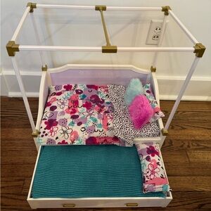 American Girl Doll bed with trundle and bedding.